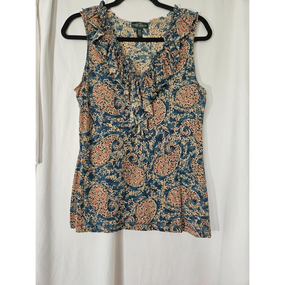 LRL Lauren Jeans Co MED 100% Cotton‎ Blue Paisley Ruffle V Neck Sleeveless Top
